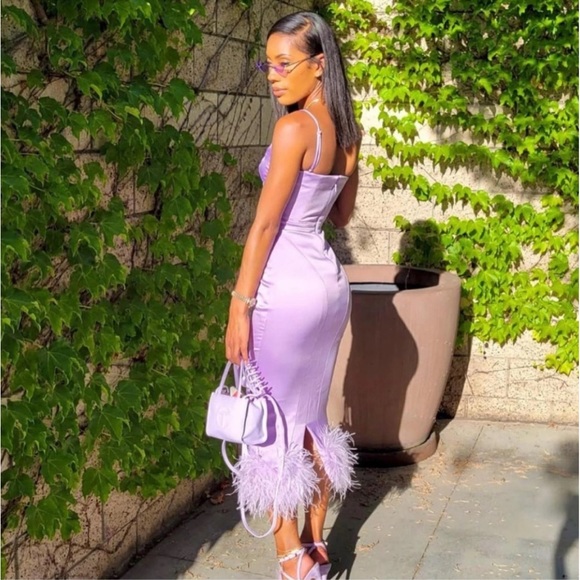 House of CB ‘Helena’ Orchid Satin Midi Dress with Feathered Trim - Picture 6 of 6